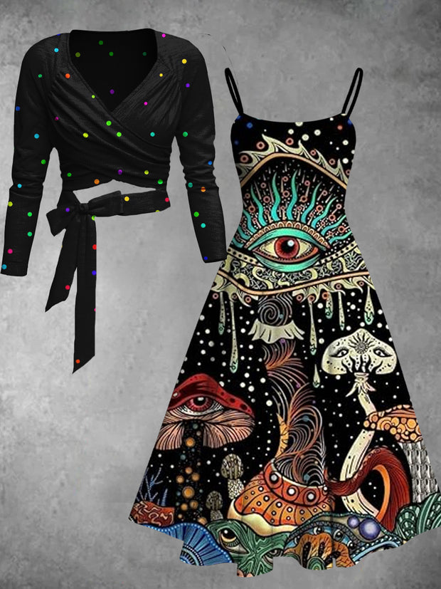 Gothic Mushroom Art Print Vintage Long Sleeve Two-Piece Midi Dress