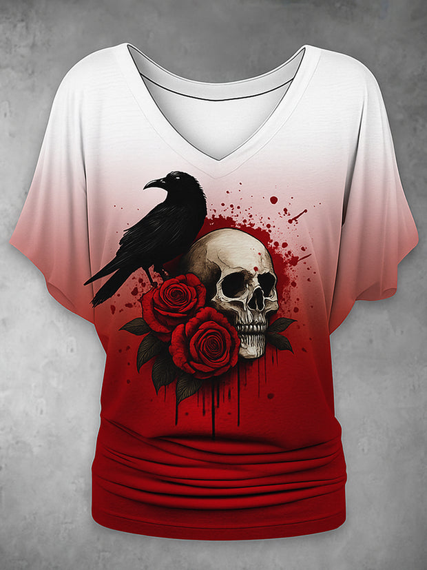 Retro Happy Halloween Floral Printed Vintage Lapel V-Neck Vintage Relaxed Loose Batwing Sleeve Top