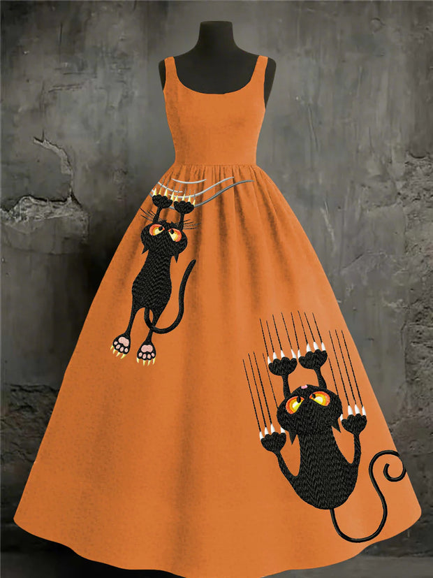 Black Cats Art Print Vintage  Sleeveless Maxi Dress