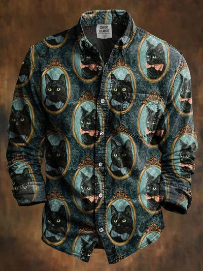 Retro Gothic Cat Art Abstract Printed Cotton Vintage Casual Cotton Long Sleeve Shirt