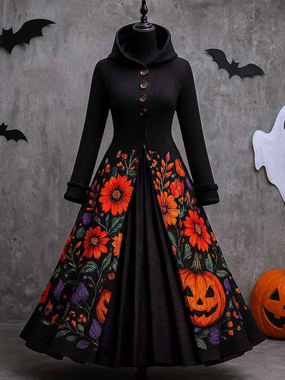Gothic Floral Art Print Vintage Long Sleeve Hooded Maxi Dress