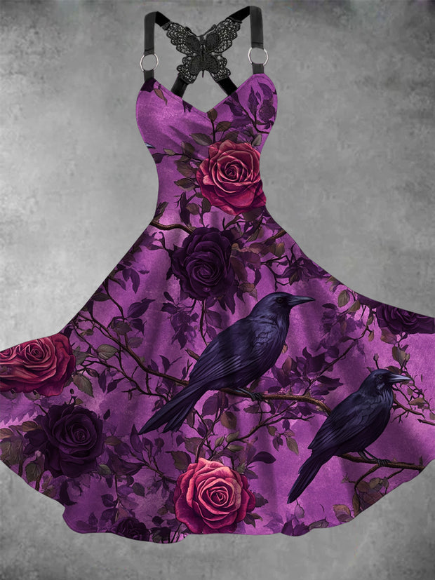 Retro Halloween Gothic Floral Art Printed Vintage V-Neck Pleated Butterfly Cross-Wrap Midi Dress
