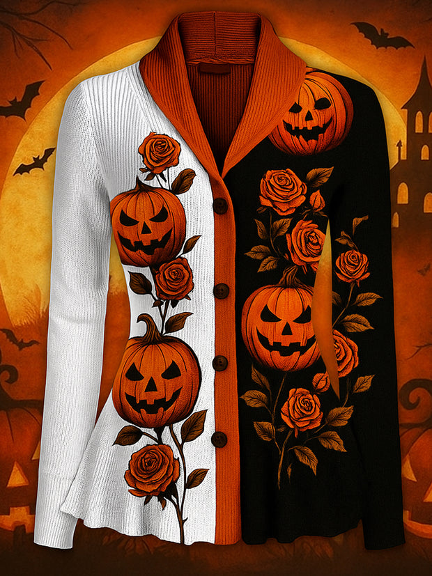 Halloween Pumpkin Art Print Vintage Long Sleeve Lapel Button-up Cardigan