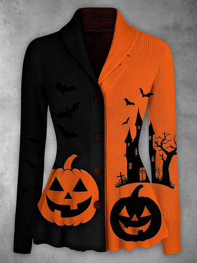 Halloween Pumpkin Art Print Vintage Long Sleeve Lapel Button-up Cardigan