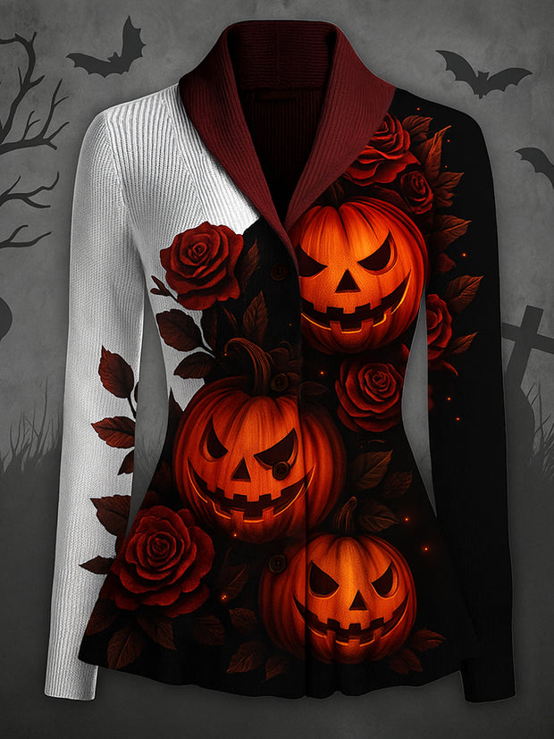 Halloween Pumpkin Art Print Vintage Long Sleeve Lapel Button-up Cardigan