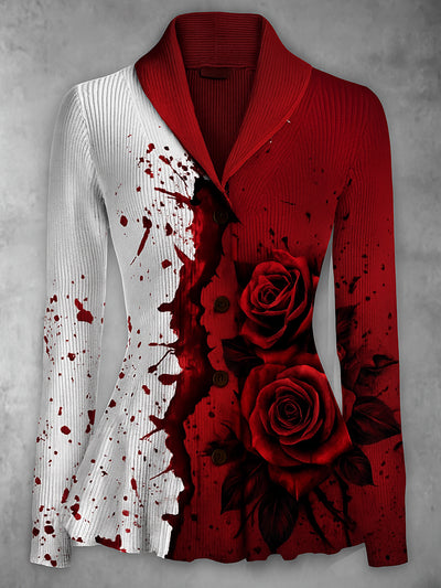 Gothic Rose Art Print Vintage Long Sleeve Lapel Button-up Cardigan