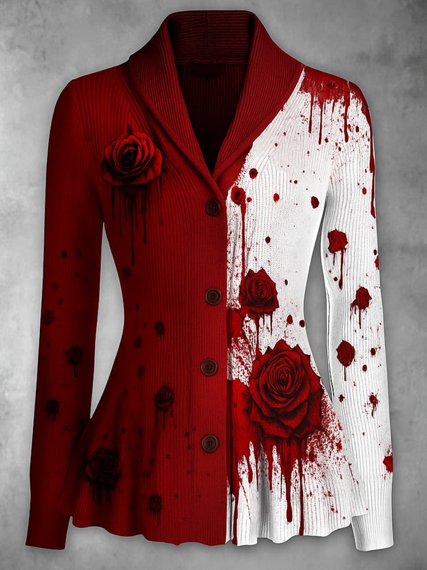 Gothic Rose Art Print Vintage Long Sleeve Lapel Button-up Cardigan