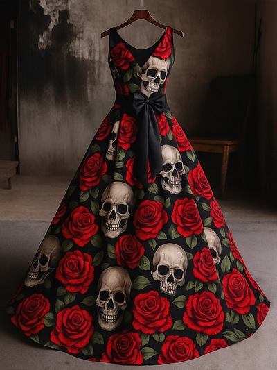 Retro Gothic Skull Floral Art Print V-Neck Sleeveless Cotton Maxi Dress