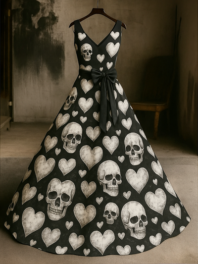 Retro Gothic Skull Floral Art Print V-Neck Sleeveless Cotton Maxi Dress