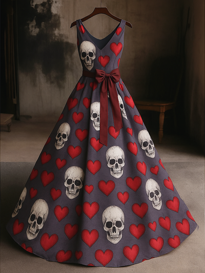 Retro Gothic Skull Floral Art Print V-Neck Sleeveless Cotton Maxi Dress
