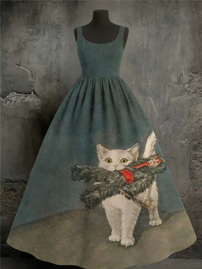 Cute Cats Art Print Round Neck Vintage Sleeveless Maxi Dress