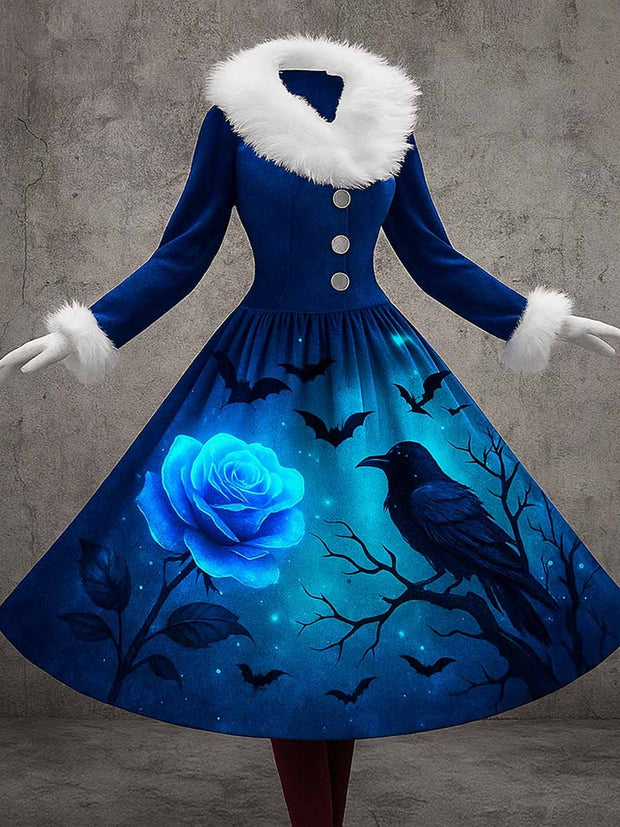 Gothic Raven Art Print Vintage Elegant Furry Fur Collar Long Sleeve Midi Dress