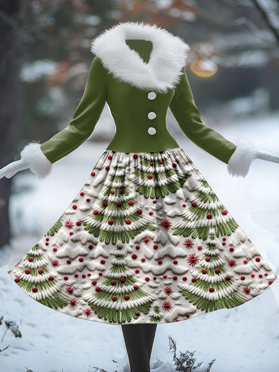 Christmas Tree Art Print Vintage Elegant Fur Collar Long Sleeve Midi Dress