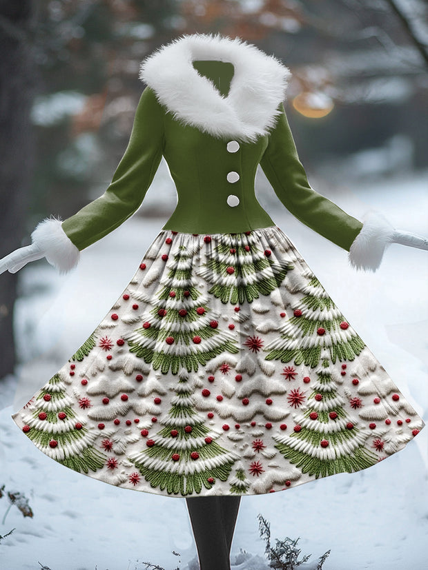 Christmas Tree Art Print Vintage Elegant Fur Collar Long Sleeve Midi Dress