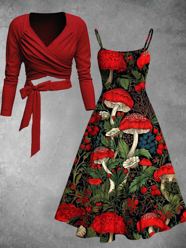 Retro Floral Art Printed Vintage Unique Slim Fit Cross Wrap Long Sleeve Two-Piece Midi Dress