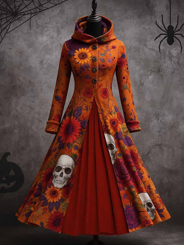 Gothic Floral Art Print Vintage Long Sleeve Hooded Maxi Dress