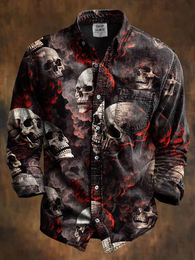 Retro Skull Gothic Art Abstract Printed Cotton Vintage Casual Cotton Long Sleeve Shirt