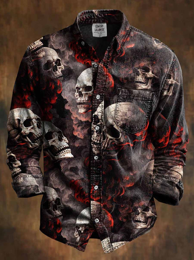 Retro Skull Gothic Art Abstract Printed Cotton Vintage Casual Cotton Long Sleeve Shirt