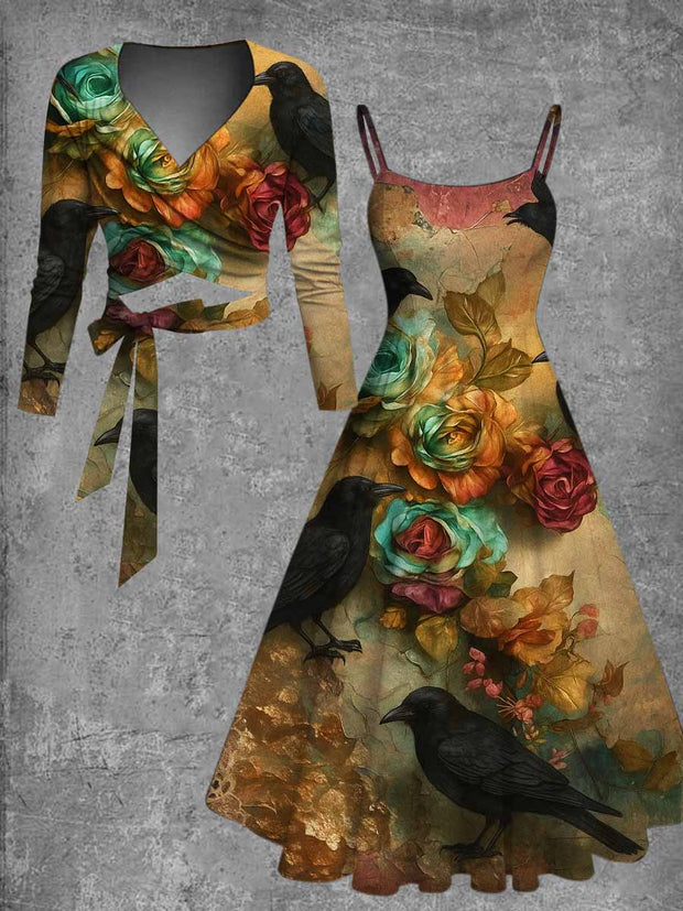 Gothic Raven Art Print Vintage Long Sleeve Two-Piece Midi Dress