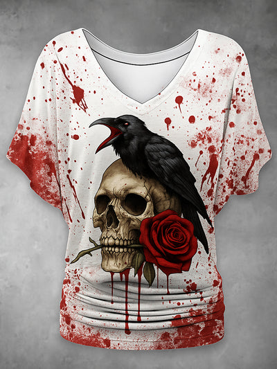Retro Happy Halloween Floral Printed Vintage Lapel V-Neck Vintage Relaxed Loose Batwing Sleeve Top