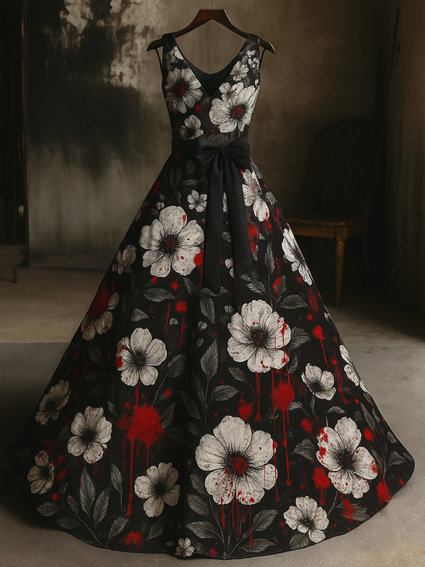 Retro Gothic Skull Floral Art Print V-Neck Sleeveless Cotton Maxi Dress