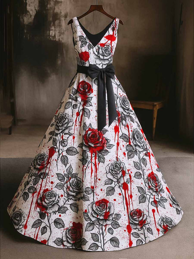 Retro Gothic Skull Floral Art Print V-Neck Sleeveless Cotton Maxi Dress