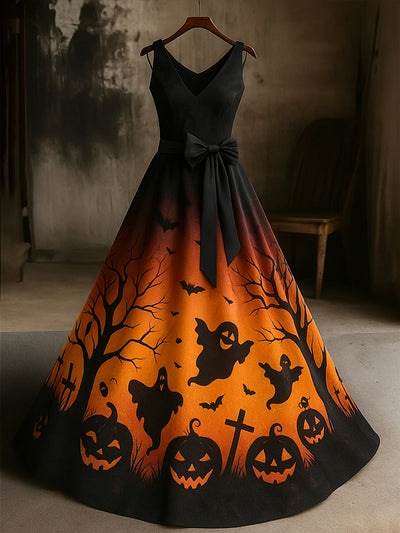 Retro Gothic Skull Floral Art Print V-Neck Sleeveless Cotton Maxi Dress