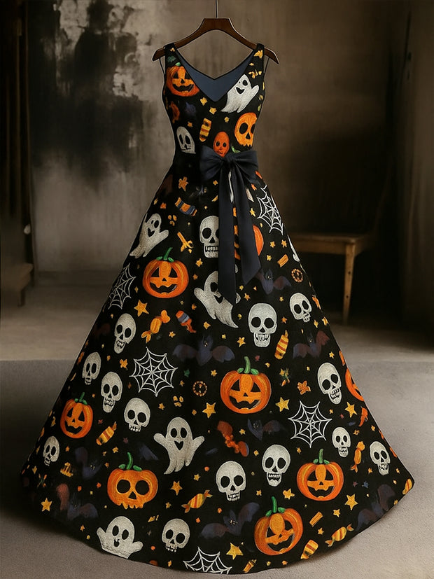 Retro Gothic Skull Floral Art Print V-Neck Sleeveless Cotton Maxi Dress