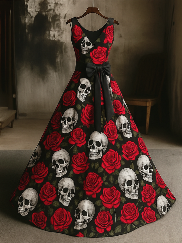 Retro Gothic Skull Floral Art Print V-Neck Sleeveless Cotton Maxi Dress