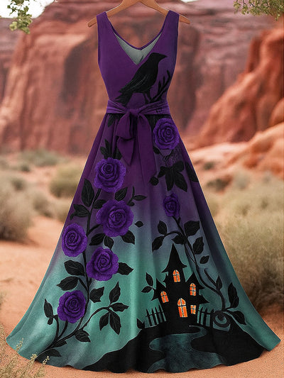 Retro Gothic Skull Floral Art Print V-Neck Sleeveless Cotton Maxi Dress