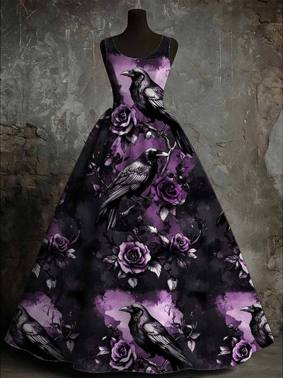 Gothic Crow Floral Art Print Vintage Round Neck Sleeveless Maxi Dress