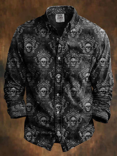 Retro Skull Gothic Art Abstract Printed Cotton Vintage Casual Cotton Long Sleeve Shirt