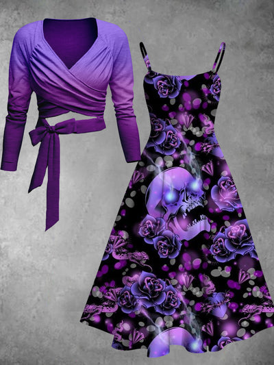Retro Floral Art Printed Vintage Unique Slim Fit Cross Wrap Long Sleeve Two-Piece Midi Dress