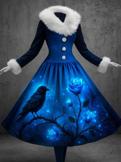 Gothic Raven Art Print Vintage Elegant Furry Fur Collar Long Sleeve Midi Dress