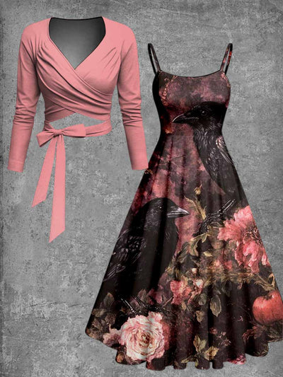 Gothic Raven Art Print Vintage Long Sleeve Two-Piece Midi Dress