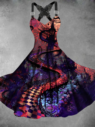 Retro Halloween Gothic Floral Art Printed Vintage V-Neck Pleated Butterfly Cross-Wrap Midi Dress