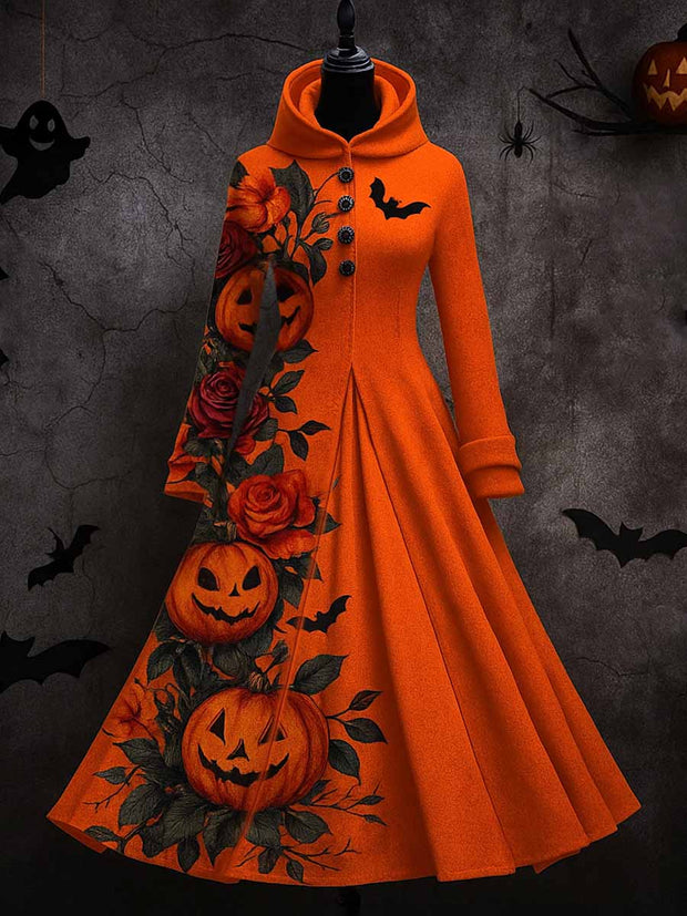 Gothic Pumpkin Art Print Vintage Long Sleeve Hooded Maxi Dress