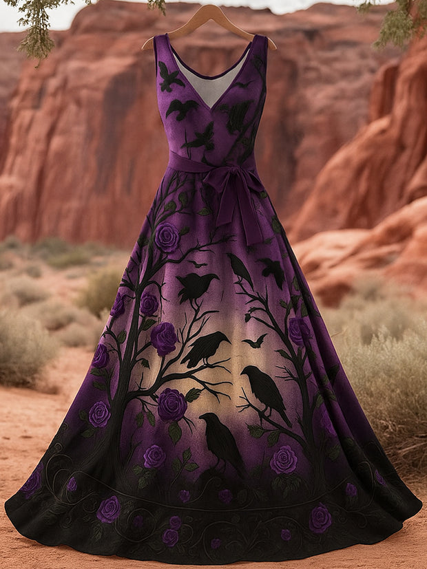 Retro Gothic Skull Floral Art Print V-Neck Sleeveless Cotton Maxi Dress