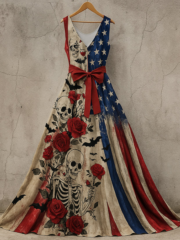 Retro Gothic Skull Floral Art Print V-Neck Sleeveless Cotton Maxi Dress
