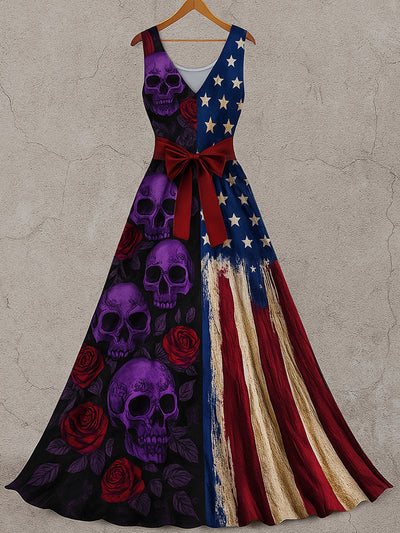 Retro Gothic Skull Floral Art Print V-Neck Sleeveless Cotton Maxi Dress