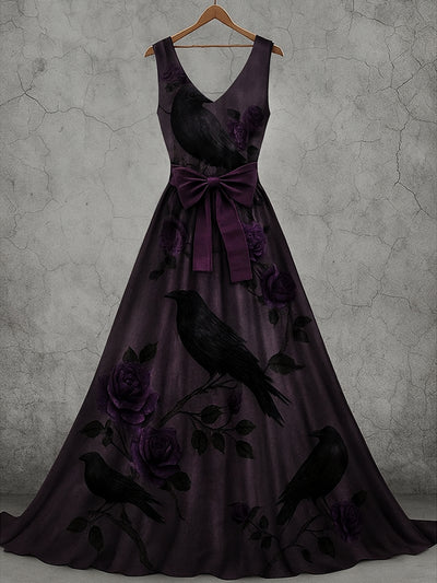 Retro Gothic Skull Floral Art Print V-Neck Sleeveless Cotton Maxi Dress