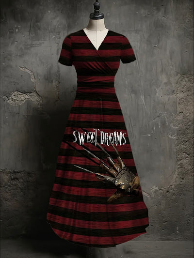 Halloween Horror Nightmare Art Print V-Neck Short Sleeve Vintage Midi Dress
