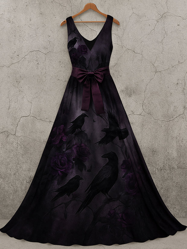 Retro Gothic Skull Floral Art Print V-Neck Sleeveless Cotton Maxi Dress