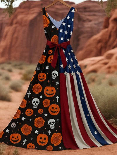 Retro Gothic Skull Floral Art Print V-Neck Sleeveless Cotton Maxi Dress