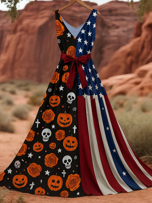 Retro Gothic Skull Floral Art Print V-Neck Sleeveless Cotton Maxi Dress