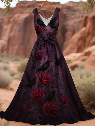 Retro Gothic Skull Floral Art Print V-Neck Sleeveless Cotton Maxi Dress
