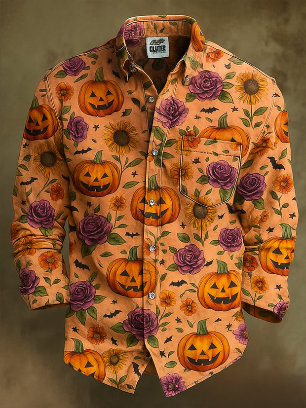 Retro Gothic Skull Halloween Art Abstract Printed Cotton Vintage Casual Cotton Long Sleeve Shirt
