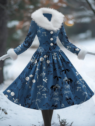 Floral Art Print Vintage Elegant Fur Collar Long Sleeve Midi Dress