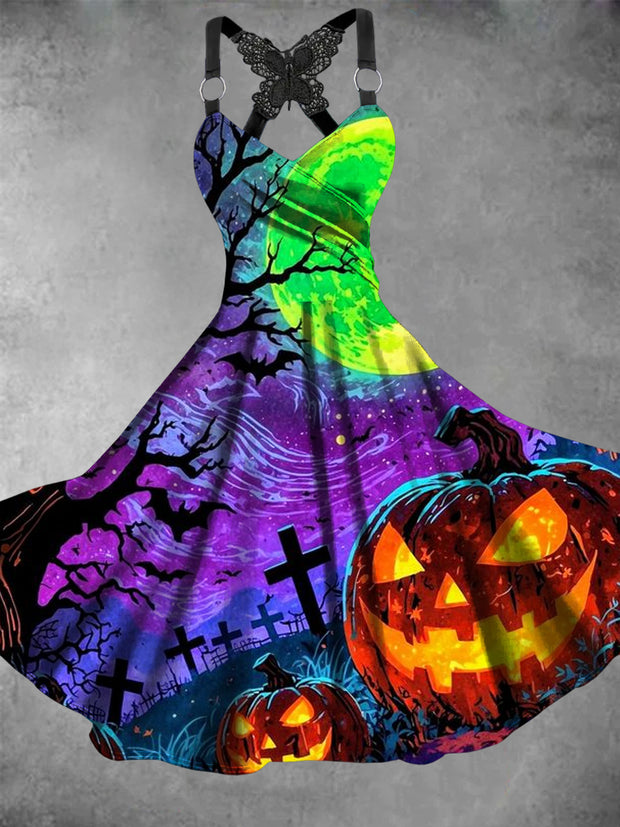 Retro Halloween Gothic Floral Art Printed Vintage V-Neck Pleated Butterfly Cross-Wrap Midi Dress