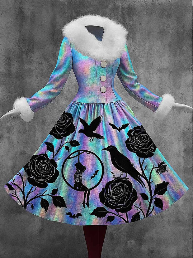 Halloween Gothic Floral Art Printed Vintage Elegant Furry Fur Collar Long Sleeve Midi Dress
